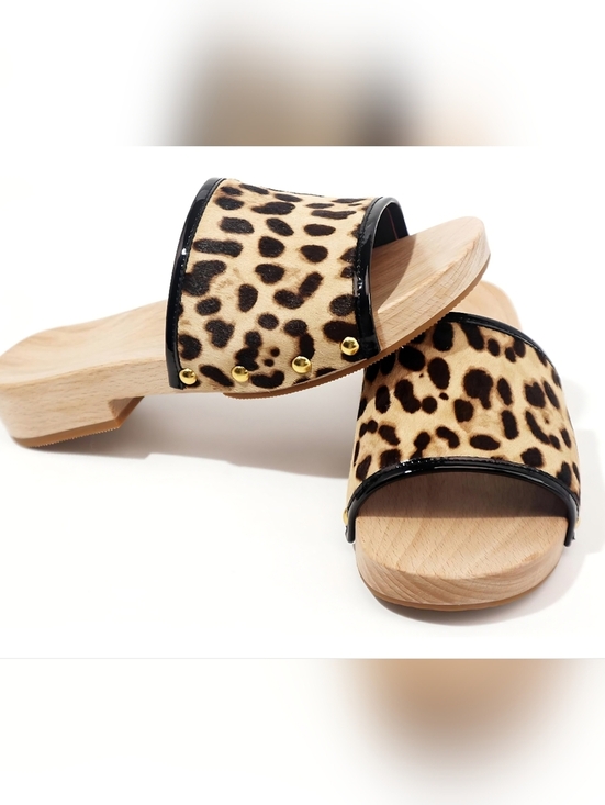 Shoes - Genuine Leather Leopard Wooden Clogs Sandals | Handmade Wood Slides |Size 9 NIB